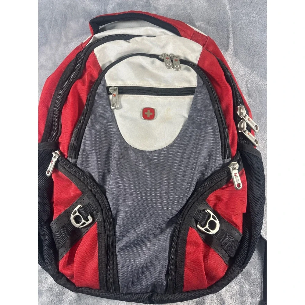 SwissGear Airflow Laptop Backpack Red White Grey Multi Pocket Travel Bag